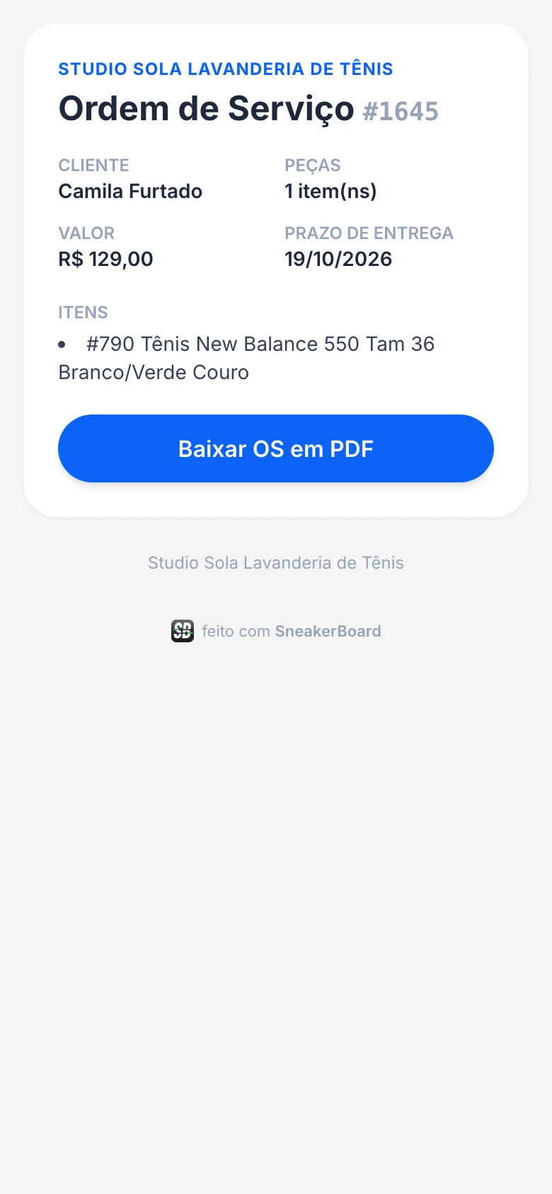 Ordem de serviço aberta no celular do cliente, com a marca da lavanderia